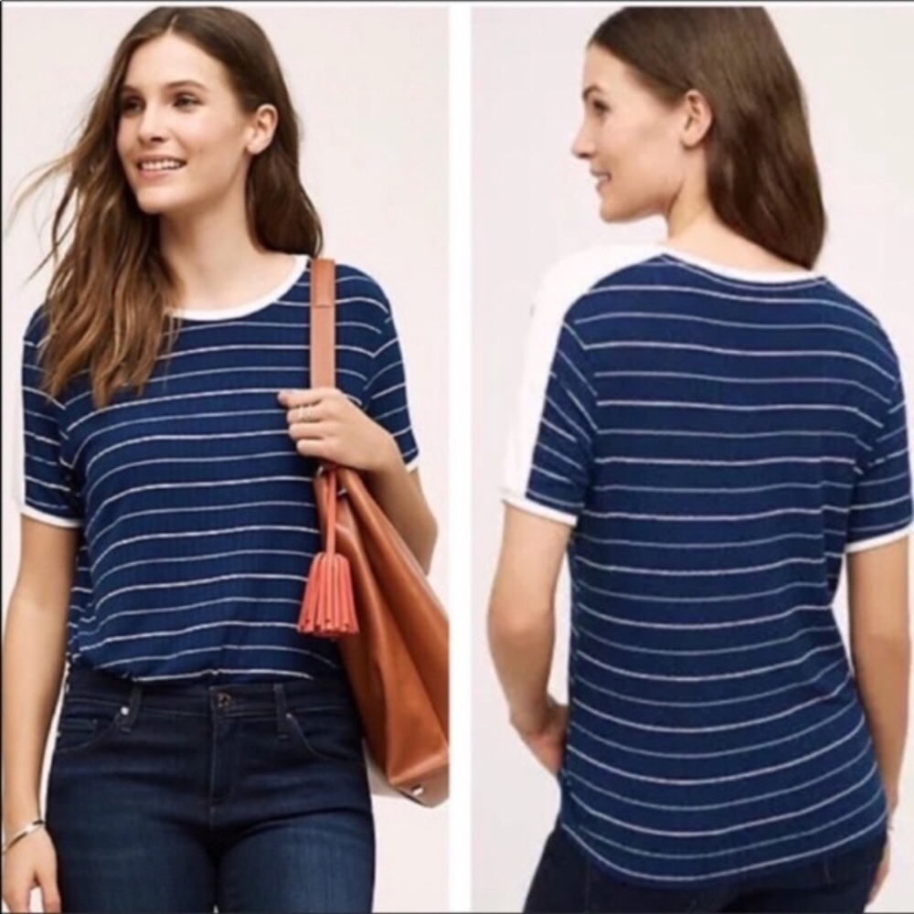 Anthropologie Fitted Blue and White Short Sleeve Tee